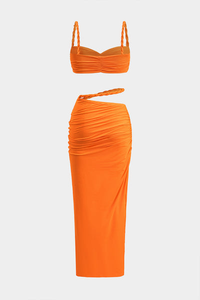 Ruched Backless Cami Top And Cut Out Skirt Set