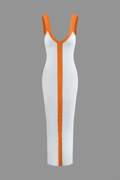 Elegant Two-Tone Deep V Ribbed Maxi Dress