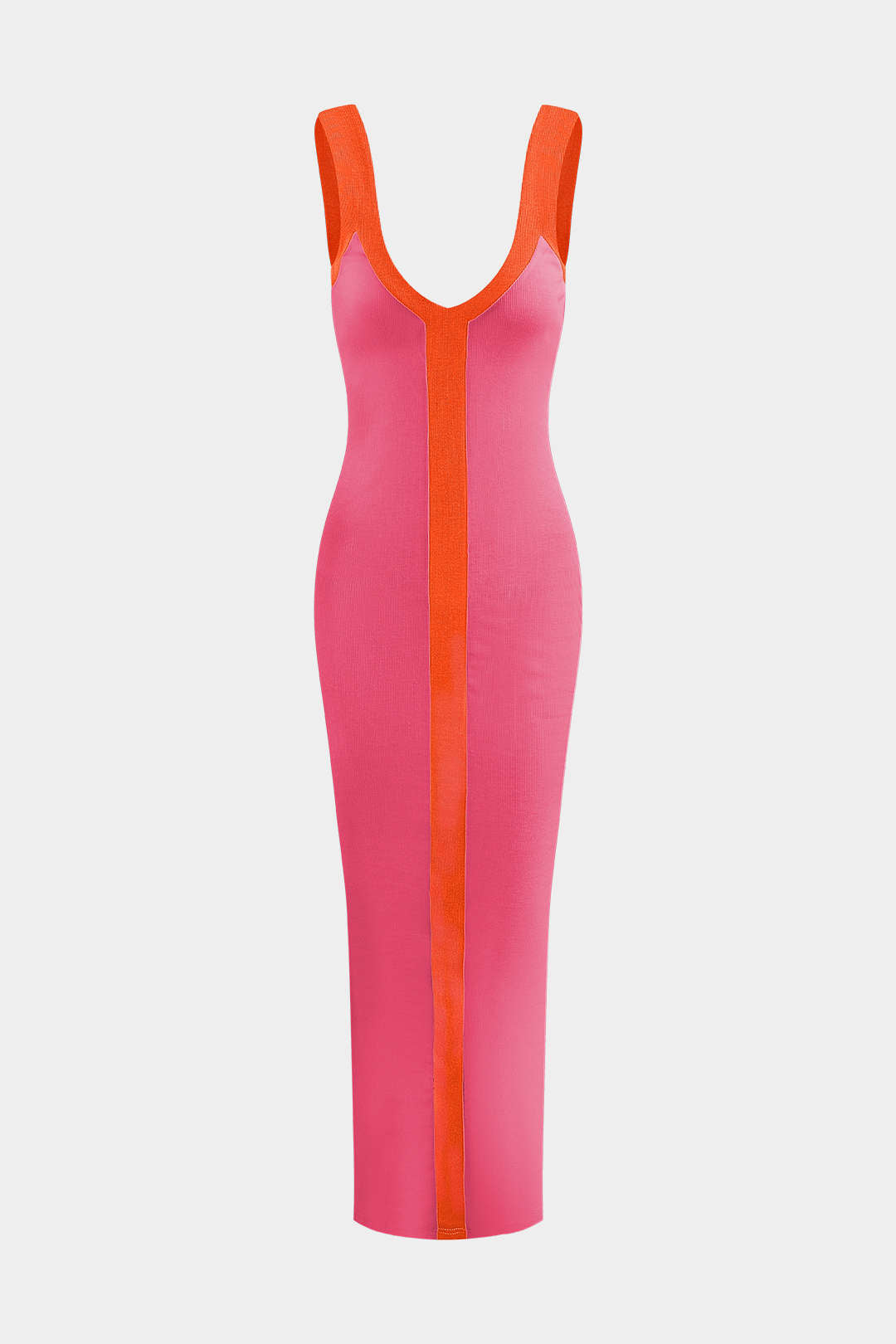 Elegant Two-Tone Deep V Ribbed Maxi Dress