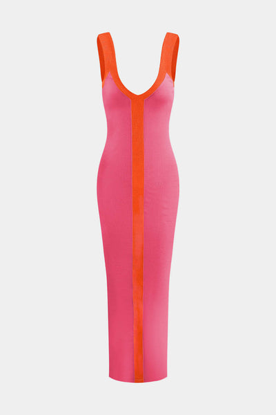 Elegant Two-Tone Deep V Ribbed Maxi Dress