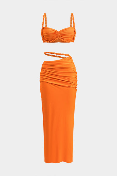 Ruched Backless Cami Top And Cut Out Skirt Set