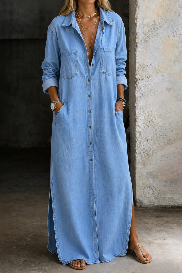 Angela – Denim-Look Maxi Shirt Dress