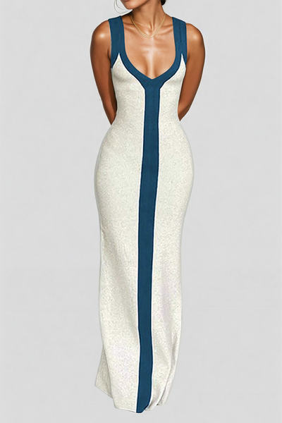 Elegant Two-Tone Deep V Ribbed Maxi Dress