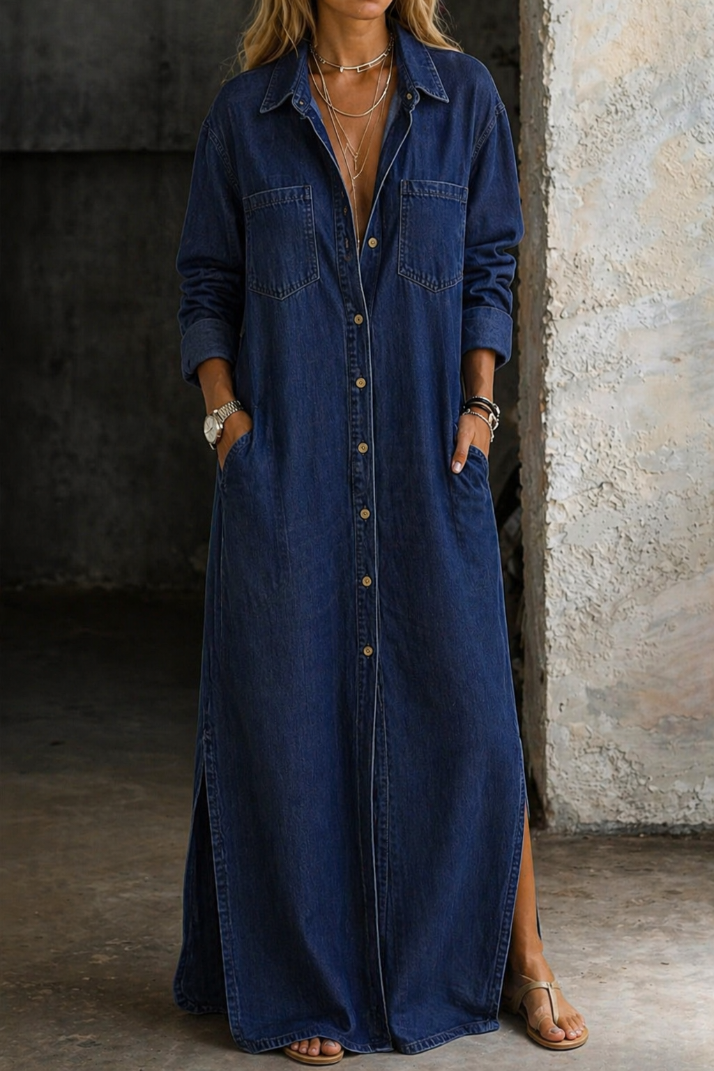 Angela – Denim-Look Maxi Shirt Dress