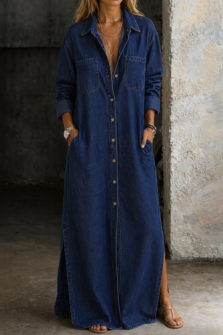Angela – Denim-Look Maxi Shirt Dress