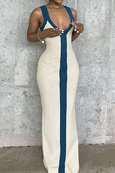 Elegant Two-Tone Deep V Ribbed Maxi Dress