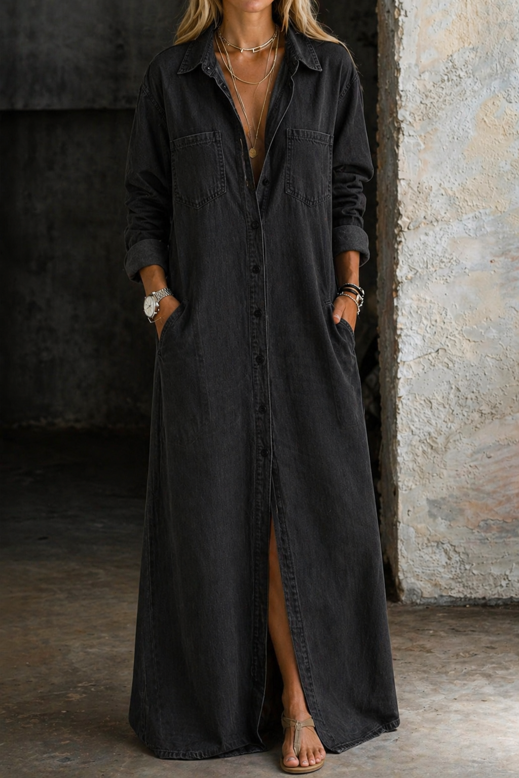 Angela – Denim-Look Maxi Shirt Dress
