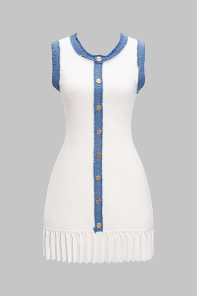 Knit Metallic Button Patchwork Sleeveless Sweater Dress