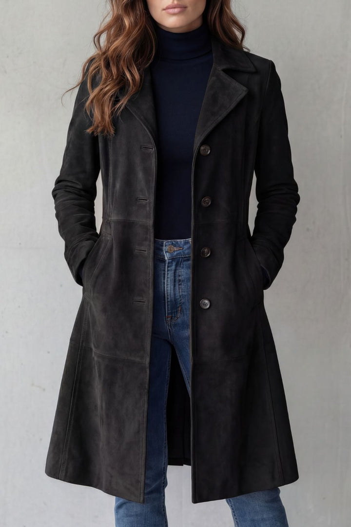 Meredith – Long Suede-Look Button Coat