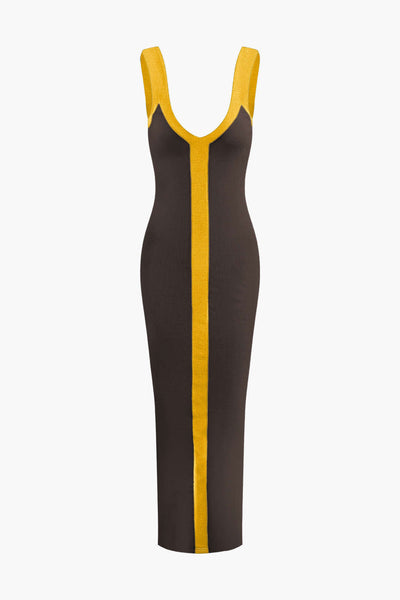 Elegant Two-Tone Deep V Ribbed Maxi Dress