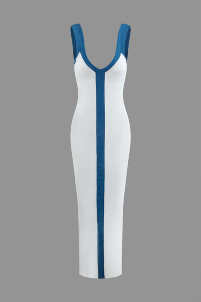 Elegant Two-Tone Deep V Ribbed Maxi Dress