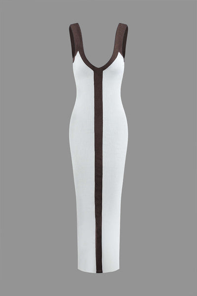 Elegant Two-Tone Deep V Ribbed Maxi Dress