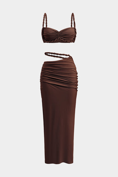 Ruched Backless Cami Top And Cut Out Skirt Set