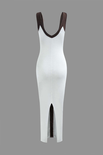 Elegant Two-Tone Deep V Ribbed Maxi Dress