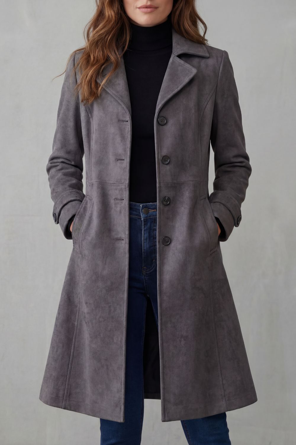 Meredith – Long Suede-Look Button Coat