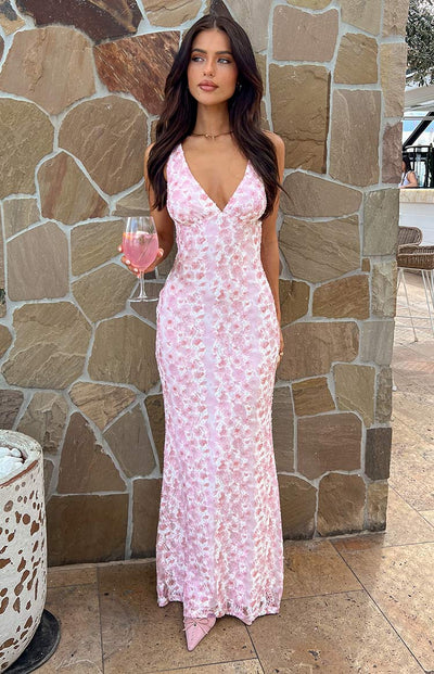 Marida roze kanten maxi-jurk