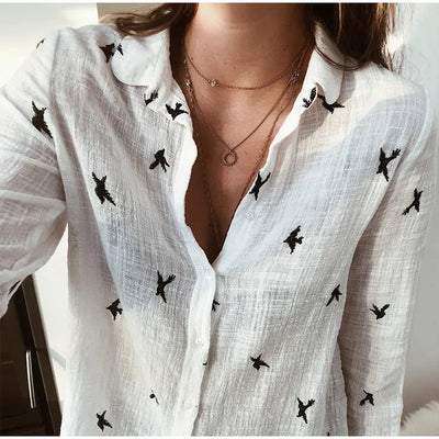Kaia | Shirt met lange mouwen en vogelprint 