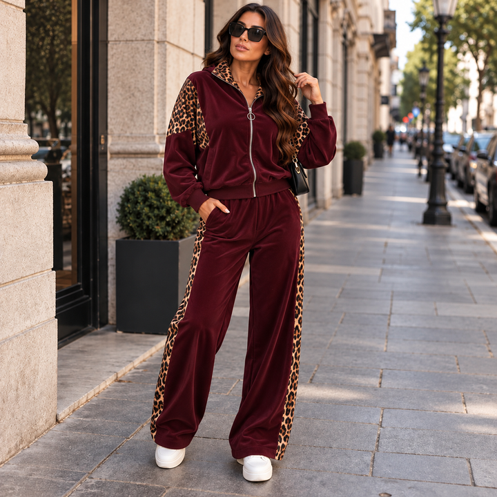 Lorna – Velour Tracksuit Set with Leopard Trim