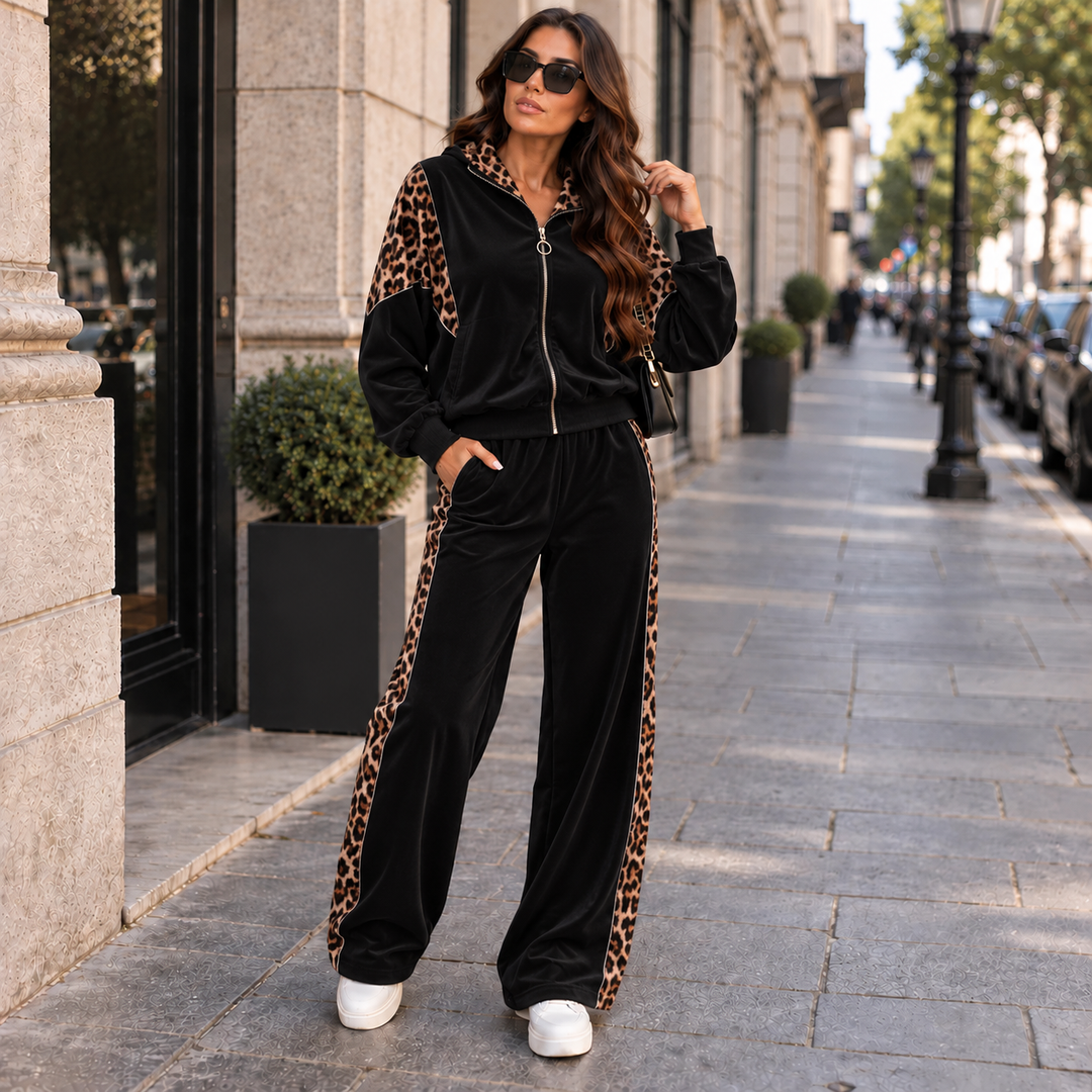 Lorna – Velour Tracksuit Set with Leopard Trim
