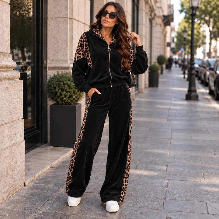 Lorna – Velour Tracksuit Set with Leopard Trim