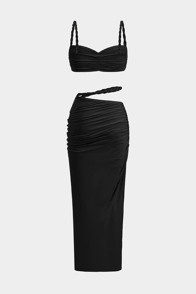 Ruched Backless Cami Top And Cut Out Skirt Set