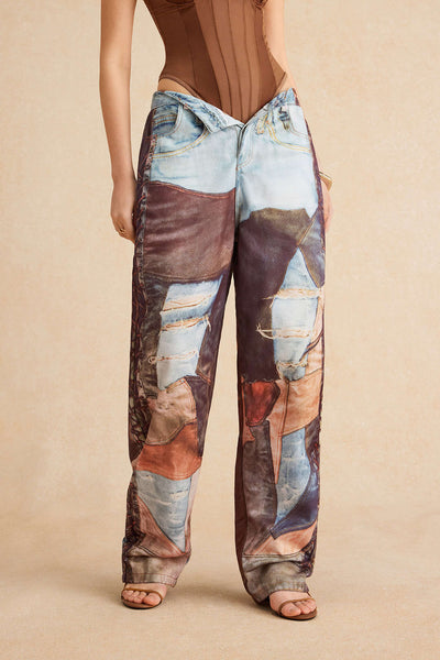 Color Block Button Wide Leg Trousers