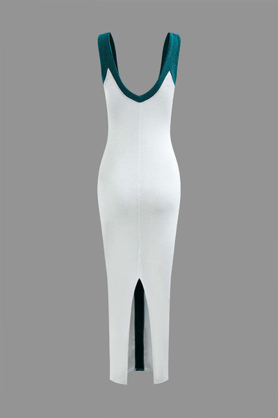 Elegant Two-Tone Deep V Ribbed Maxi Dress