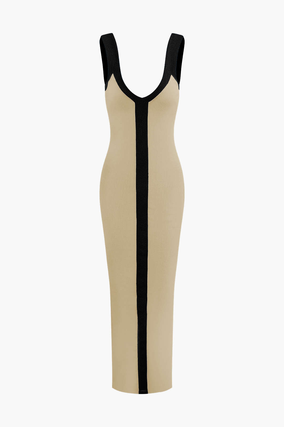 Elegant Two-Tone Deep V Ribbed Maxi Dress