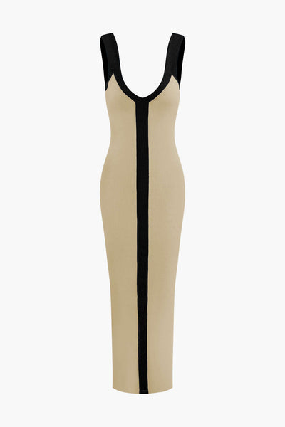Elegant Two-Tone Deep V Ribbed Maxi Dress