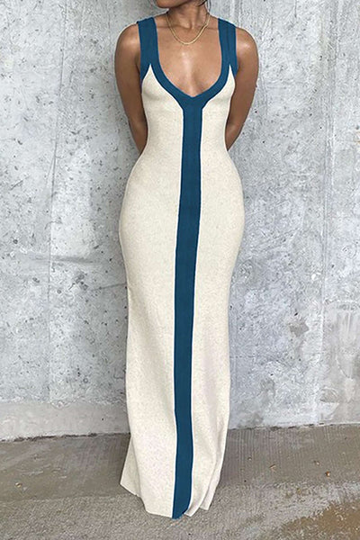 Elegant Two-Tone Deep V Ribbed Maxi Dress