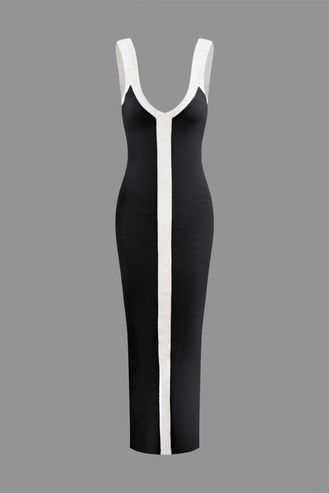 Elegant Two-Tone Deep V Ribbed Maxi Dress