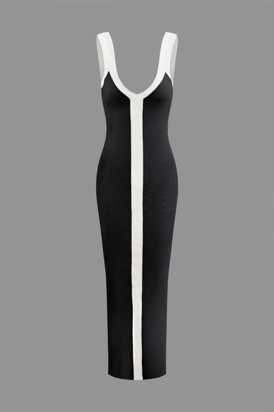 Elegant Two-Tone Deep V Ribbed Maxi Dress
