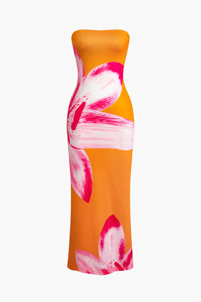 Sunny Floral Cascade Strapless Midi Dress