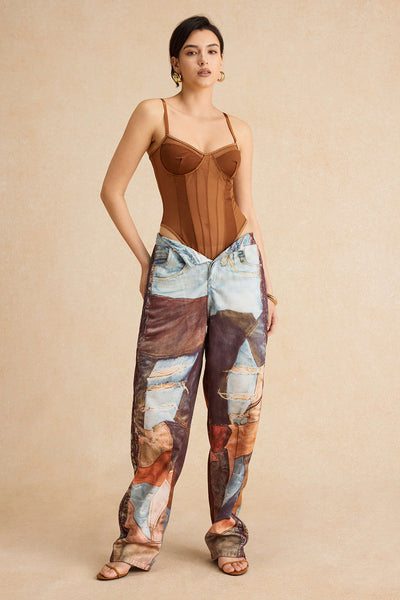 Color Block Button Wide Leg Trousers