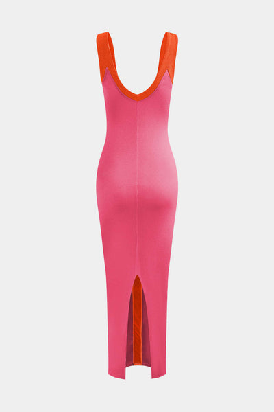 Elegant Two-Tone Deep V Ribbed Maxi Dress
