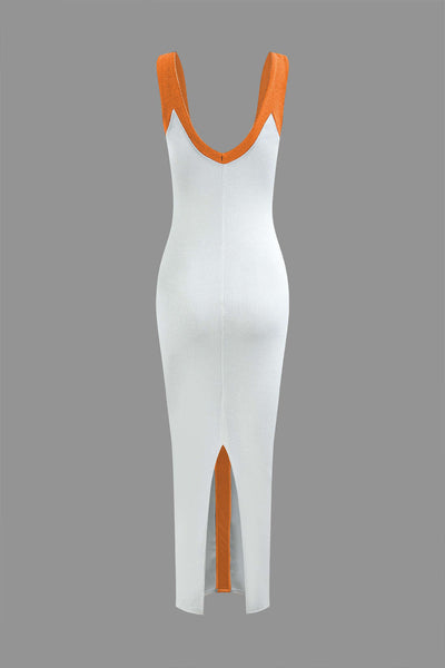 Elegant Two-Tone Deep V Ribbed Maxi Dress