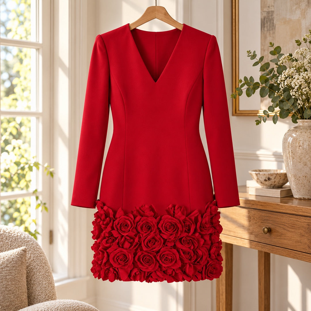 Emmeline – Long Sleeve Dress with Rose Hem