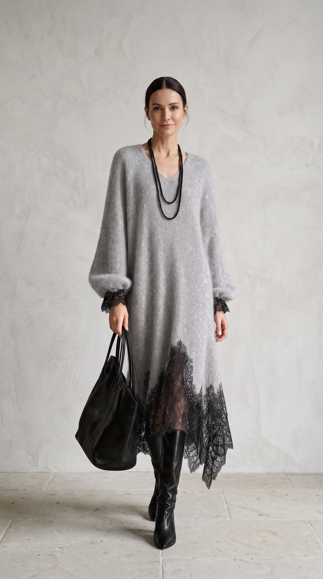 Jill – Knit Midi Dress with Lace Hem