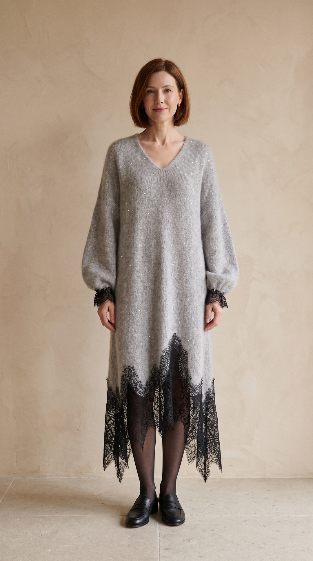 Jill – Knit Midi Dress with Lace Hem