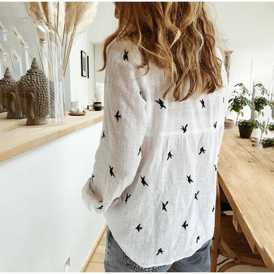 Kaia | Shirt met lange mouwen en vogelprint 