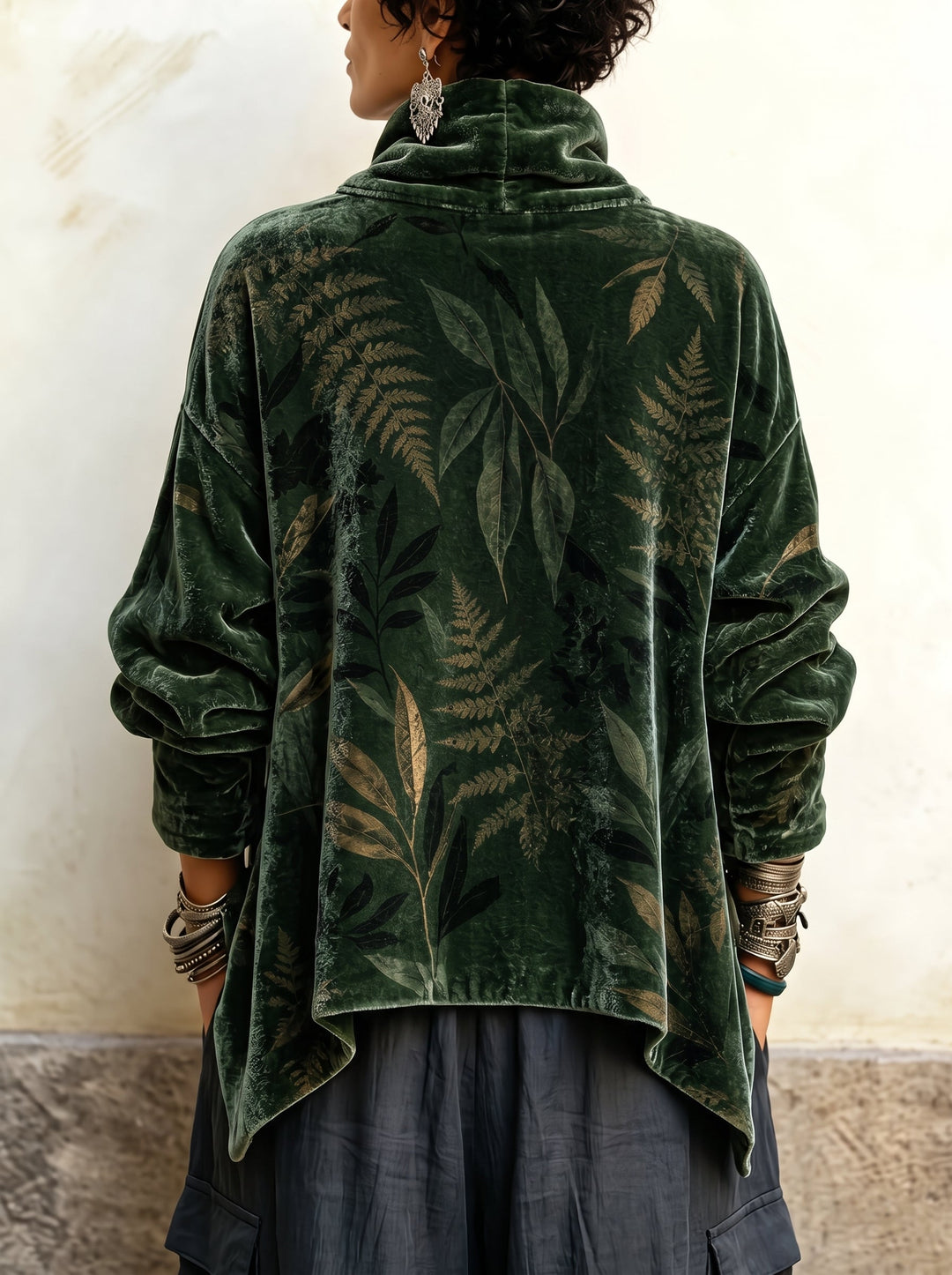 Willa – Velvet Botanical Print Cowl Neck Top