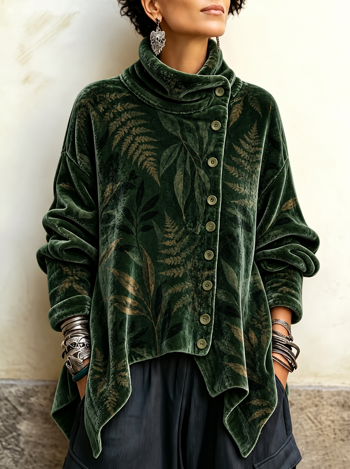 Willa – Velvet Botanical Print Cowl Neck Top